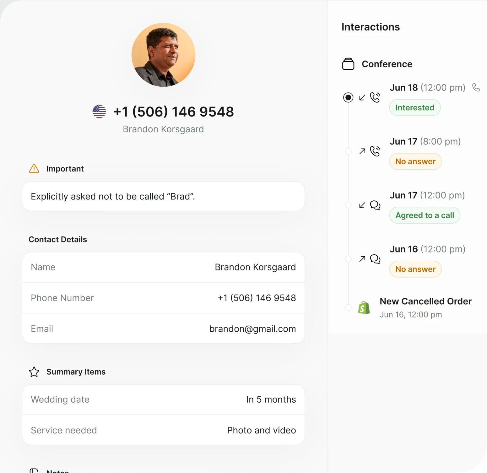 A Callers customer record, with contact details beside the full history of that customer's interactions