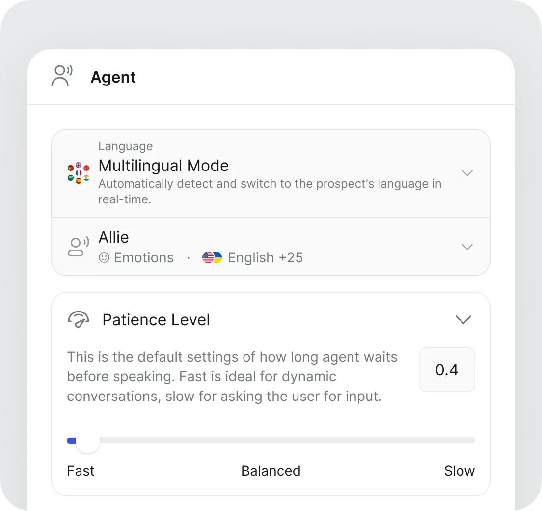 Agent settings with Multilingual Mode, the Allie voice, and a Patience Level slider set to 0.4 between Fast and Slow