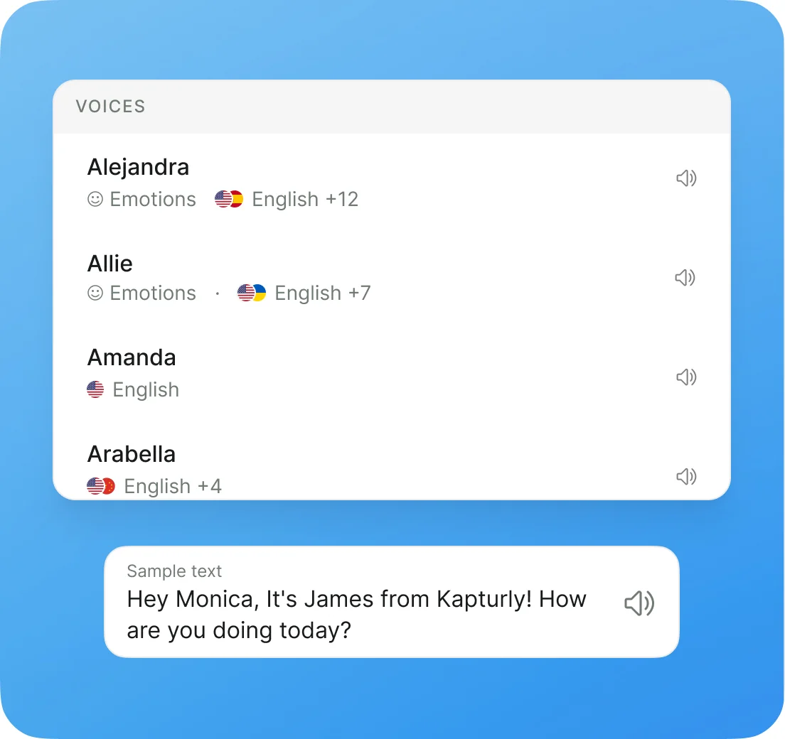 A voice library — Alejandra, Allie, Amanda and Arabella, each with the languages it speaks — above a sample line the agent reads back