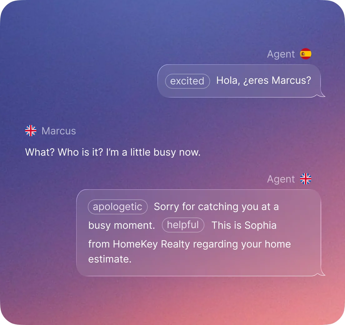 A call that opens in Spanish, switches to English when Marcus answers in it, and tags each line with the tone it was said in