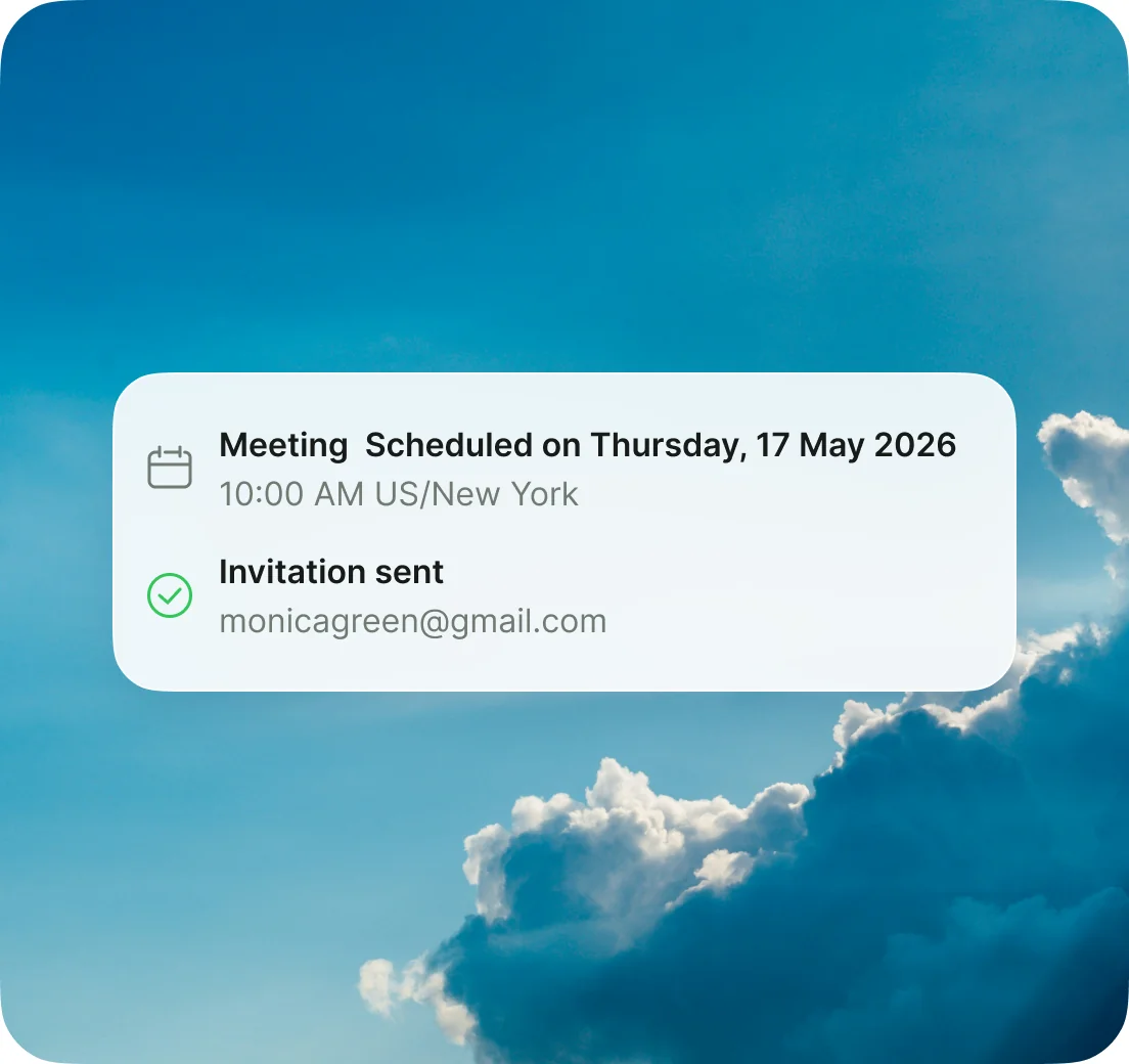 A booking confirmation — a meeting scheduled for Thursday 17 May at 10:00 AM New York, with the invitation already sent