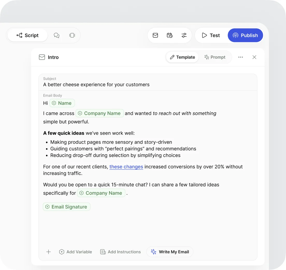 An email script editor with a subject line, merge fields for the contact and company name, and a Write My Email button