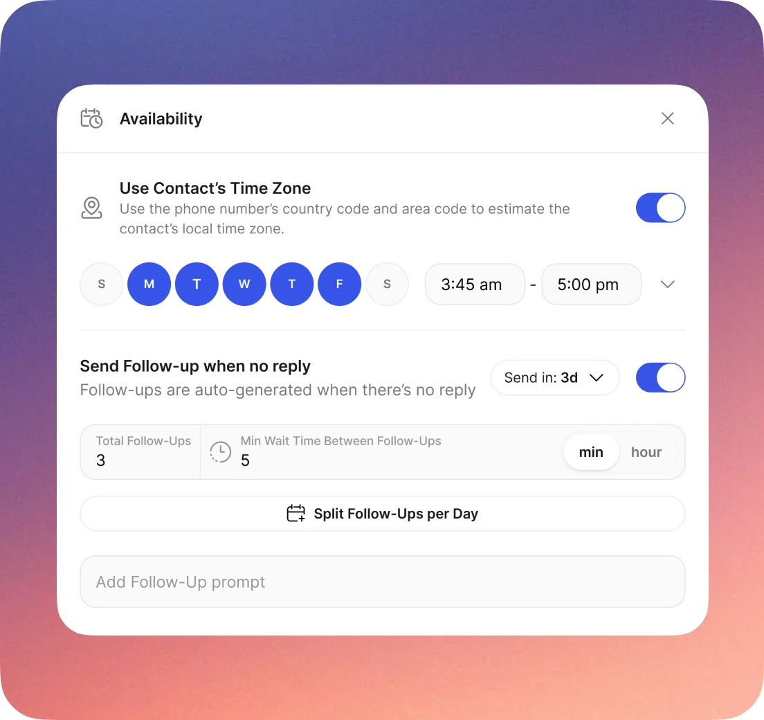 Follow-up settings using the contact's own time zone — a weekday window, three follow-ups, and the minimum wait between them