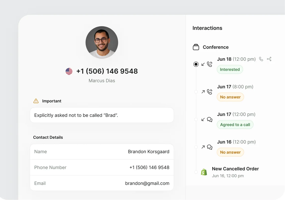 A customer profile with contact details, a do-not-call note and a timeline of interactions
