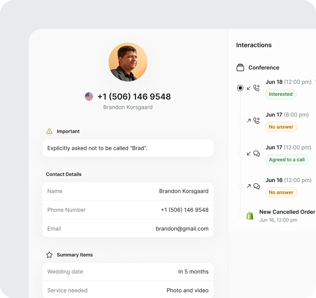 A customer profile beside a timeline of that customer’s calls, each tagged with its outcome