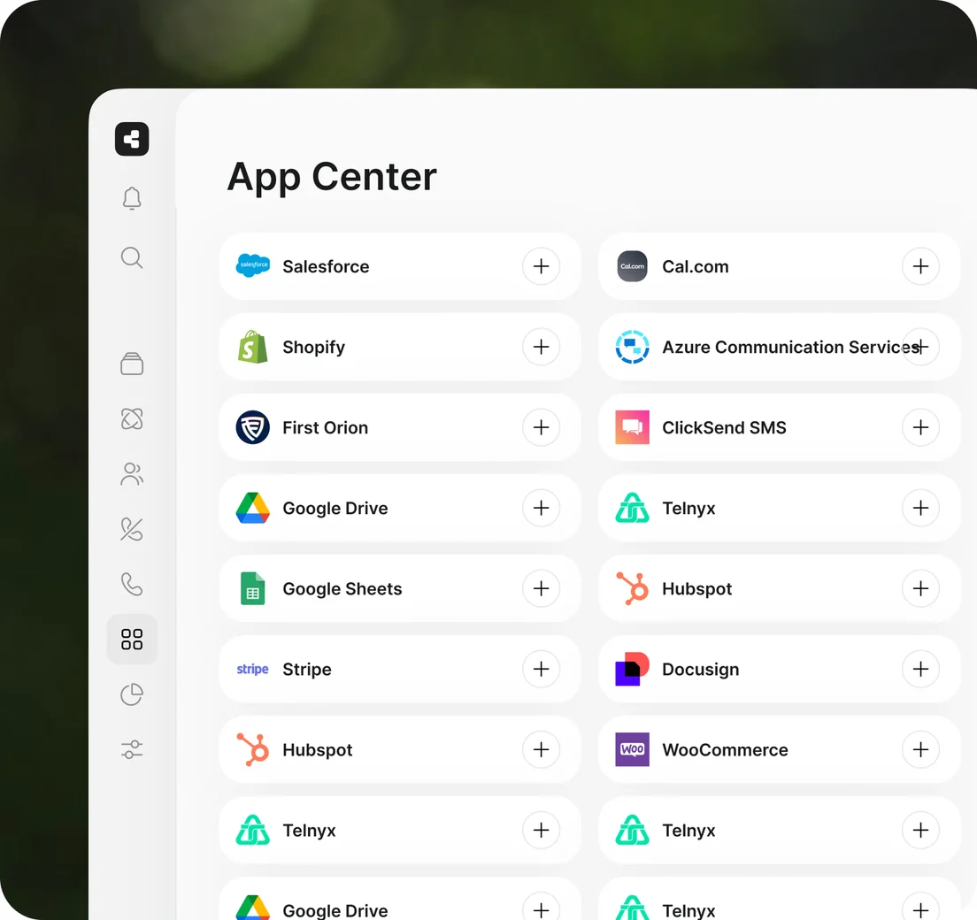 The Callers app centre, listing Salesforce, Shopify, Google Drive, Stripe, HubSpot, Cal.com, Telnyx and other native integrations