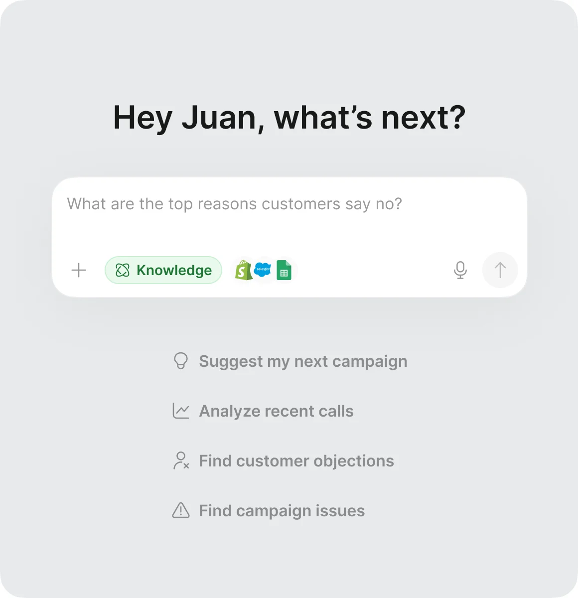 An ask-anything prompt over the customer data set, with suggested follow-up questions