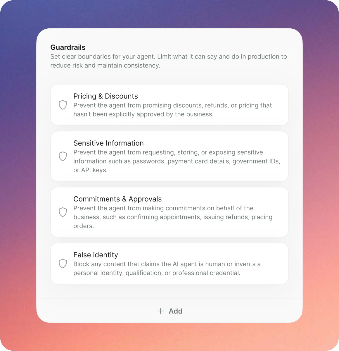Guardrails editor listing pricing, sensitive information, commitments and false identity rules