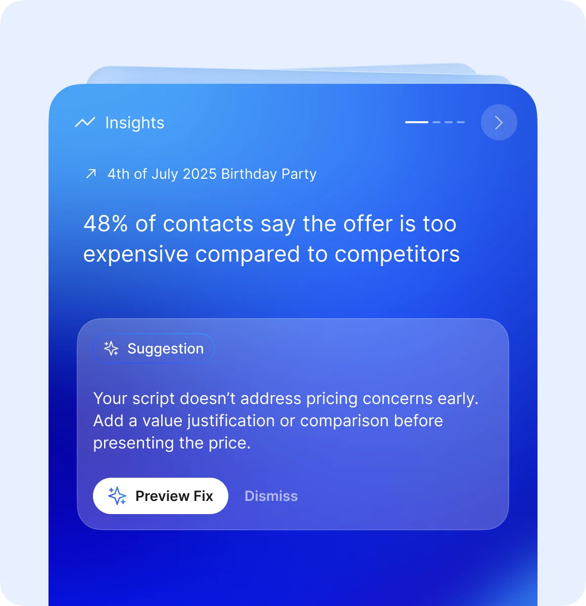 An insight card reporting a pricing objection, with a suggested script fix to preview