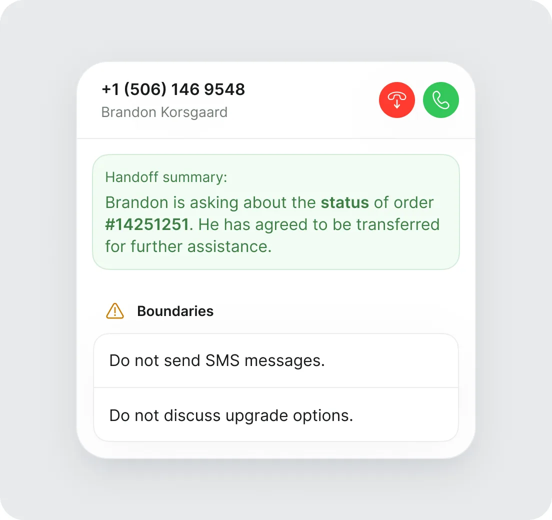 A live call with Brandon Korsgaard showing a handoff summary — he is asking about the status of order #14251251 and has agreed to be transferred — above a “Boundaries” list