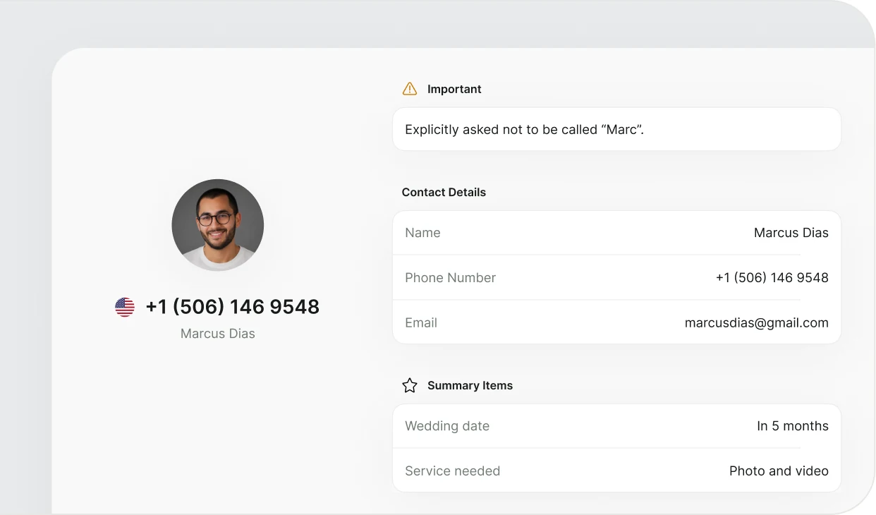 A customer record: phone number, contact details, and summary items including a note not to call him “Marc”