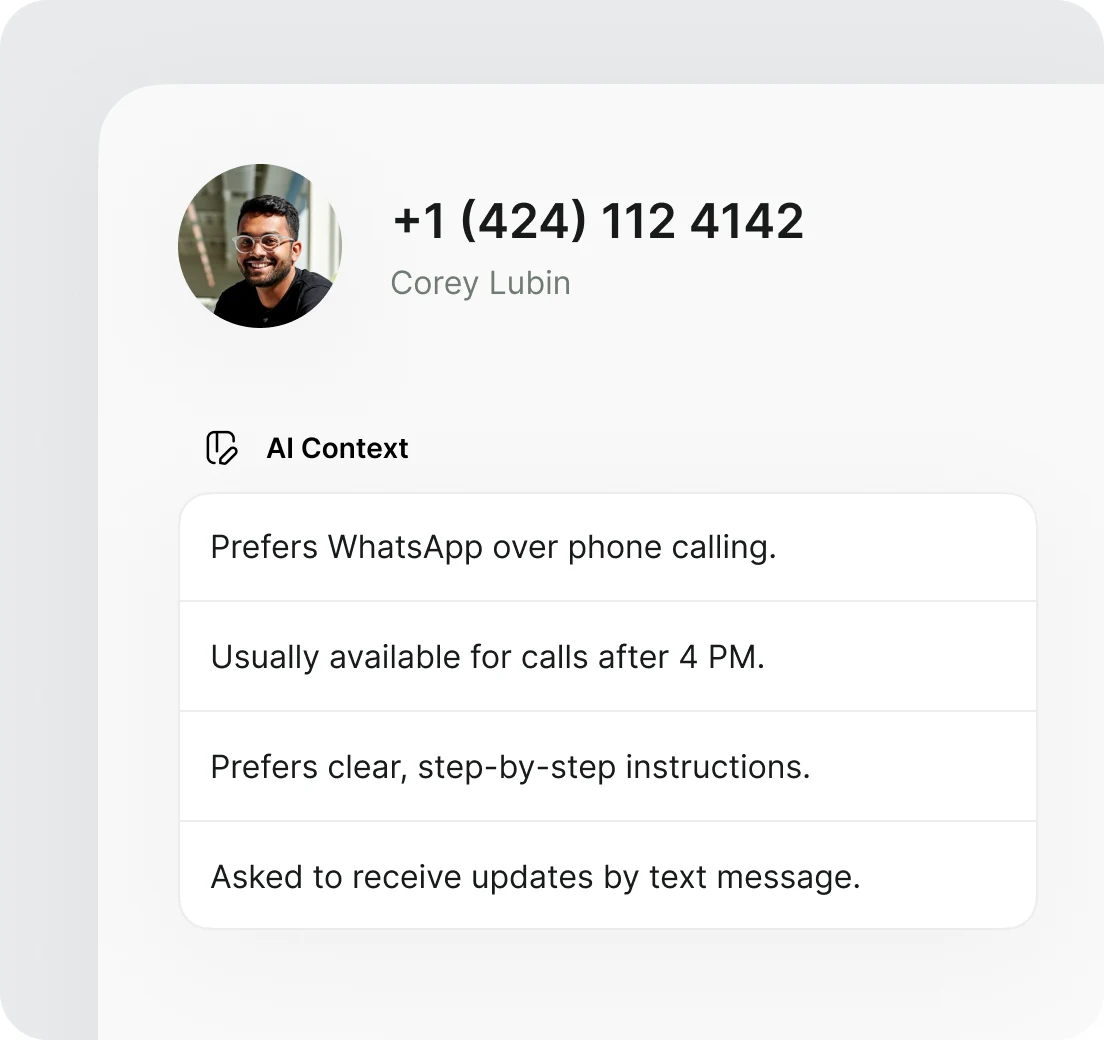 A contact card for Corey Lubin with four AI Context notes: prefers WhatsApp, available after 4 PM, wants step-by-step instructions, updates by text