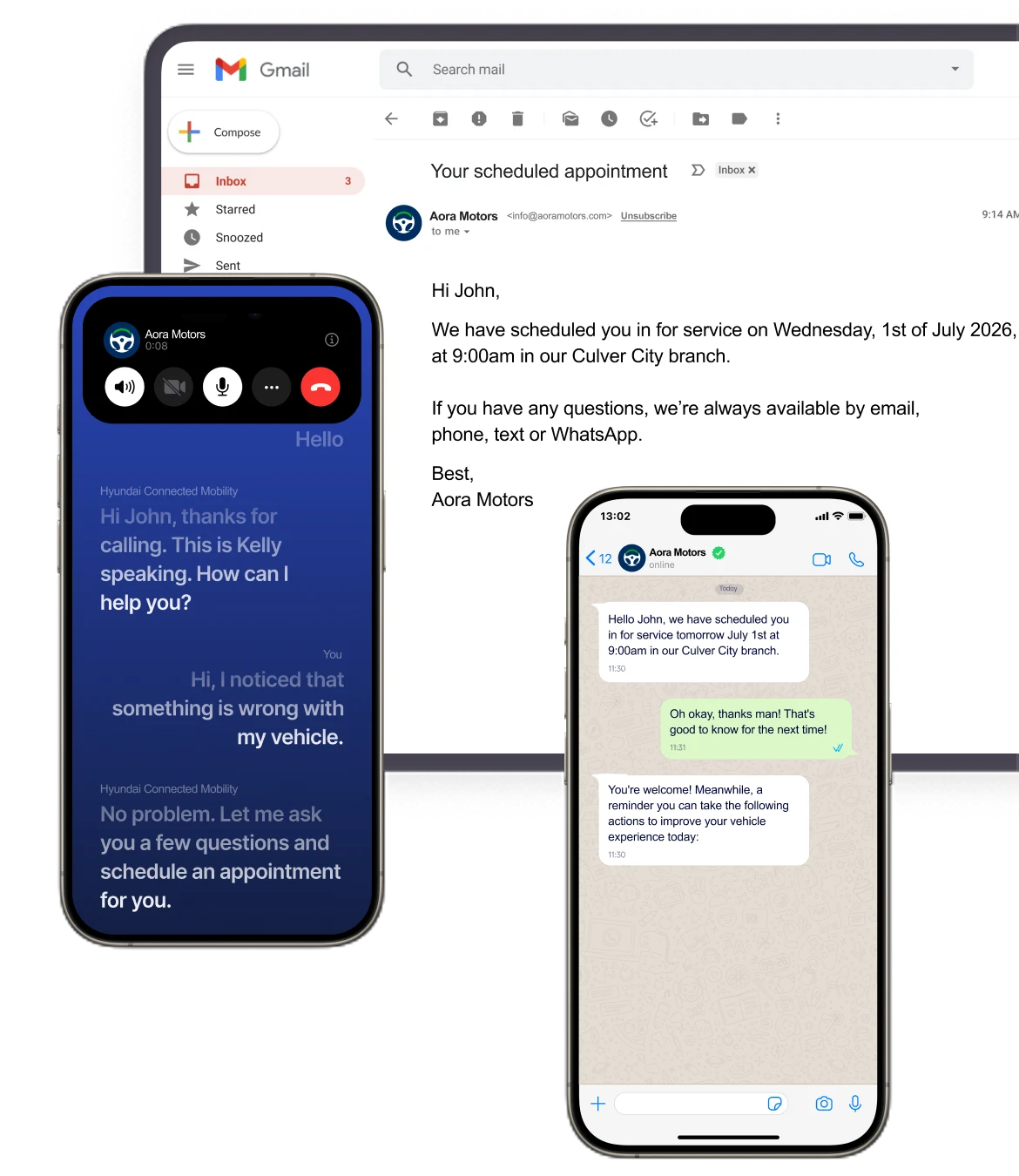 The same appointment shown in Gmail, on a voice call and in WhatsApp