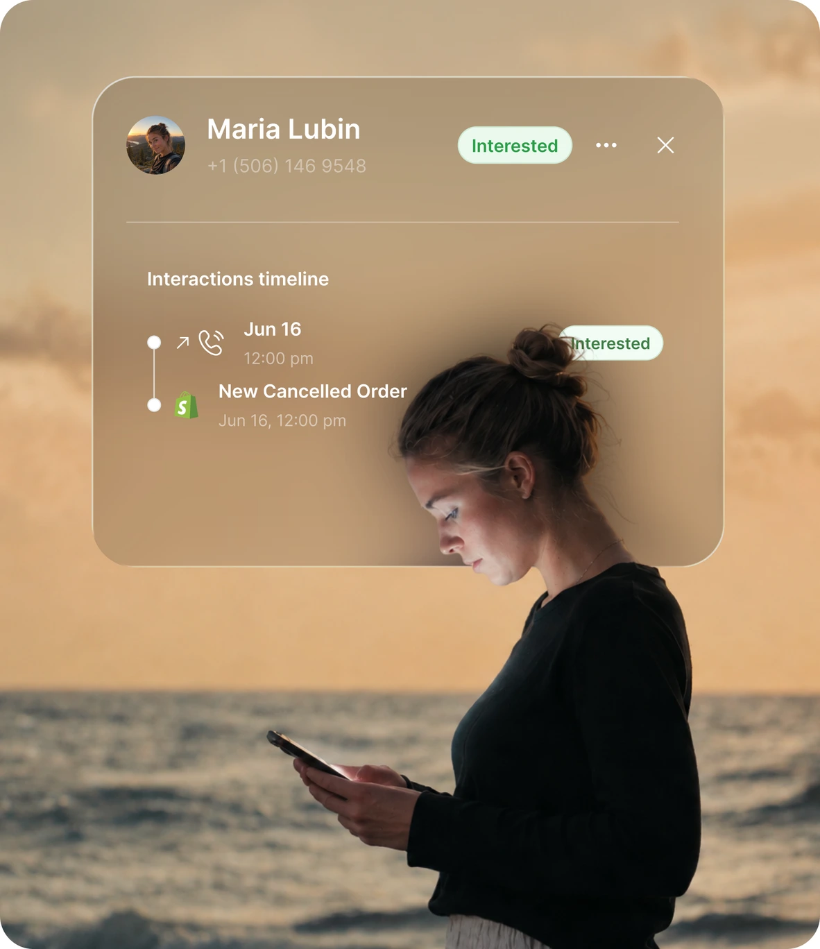 Outbound example: a customer record with its interaction timeline