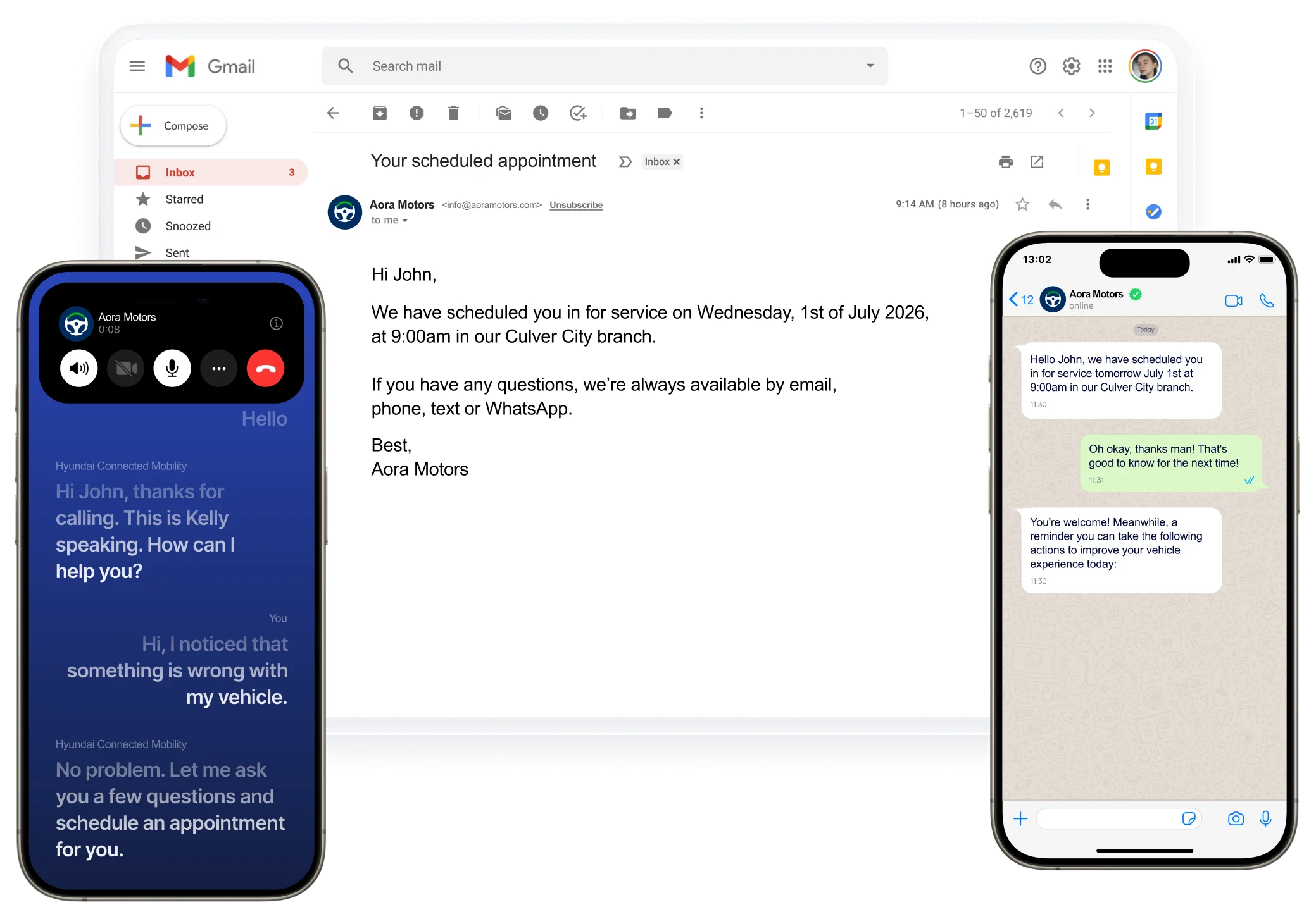 The same appointment shown in Gmail, on a voice call and in WhatsApp